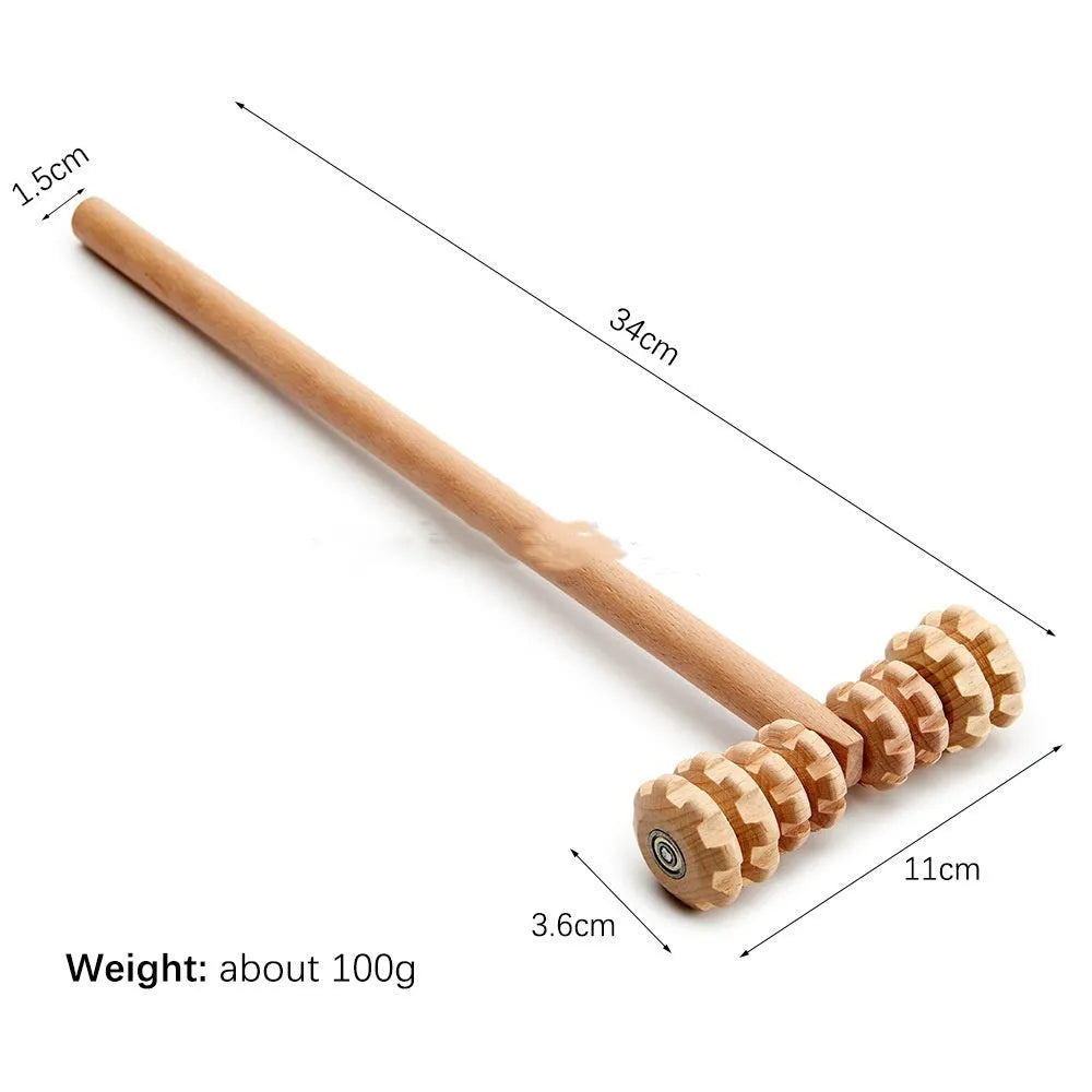 Beech wood massage roller set showing T-shaped roller, multiple wheel sets and a back massager on a plain surface.