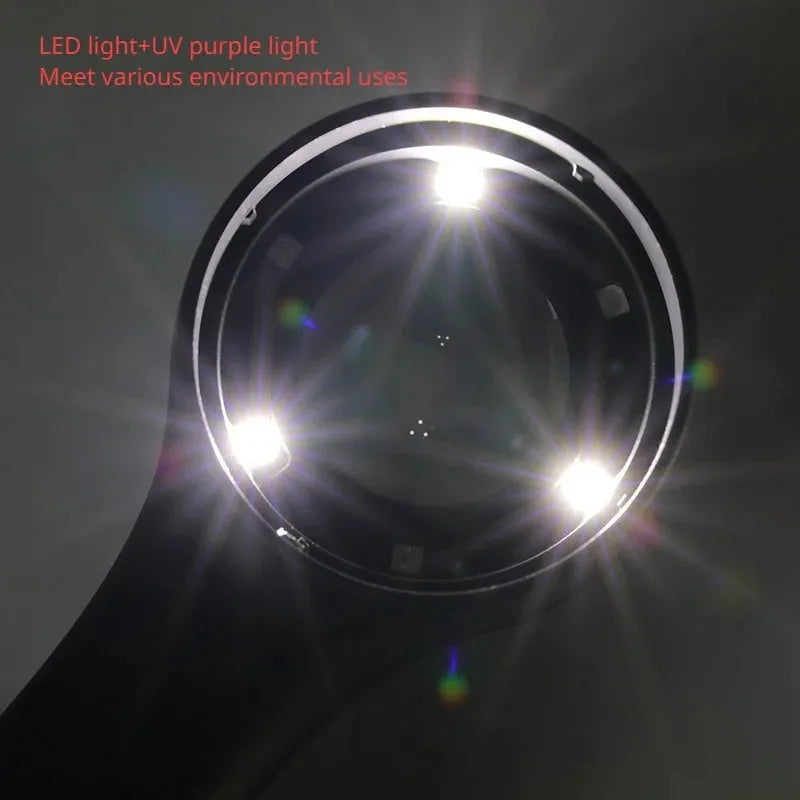 Black or silver 30x optical glass magnifying glass with LED lights for jewellery and collectible appraisal.