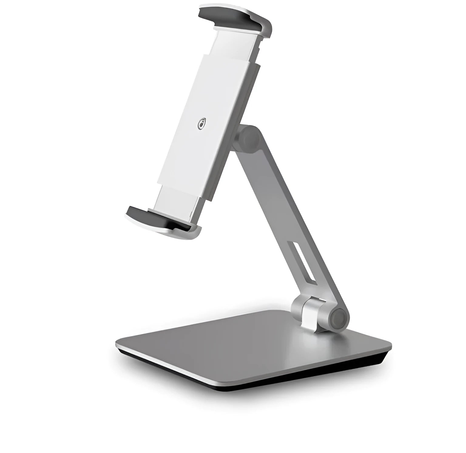 Foldable aluminium desktop phone and tablet holder showing 360° rotation capability