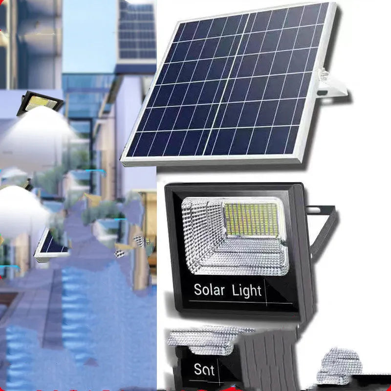 Black solar-powered LED flood light for outdoor garden use with remote control.