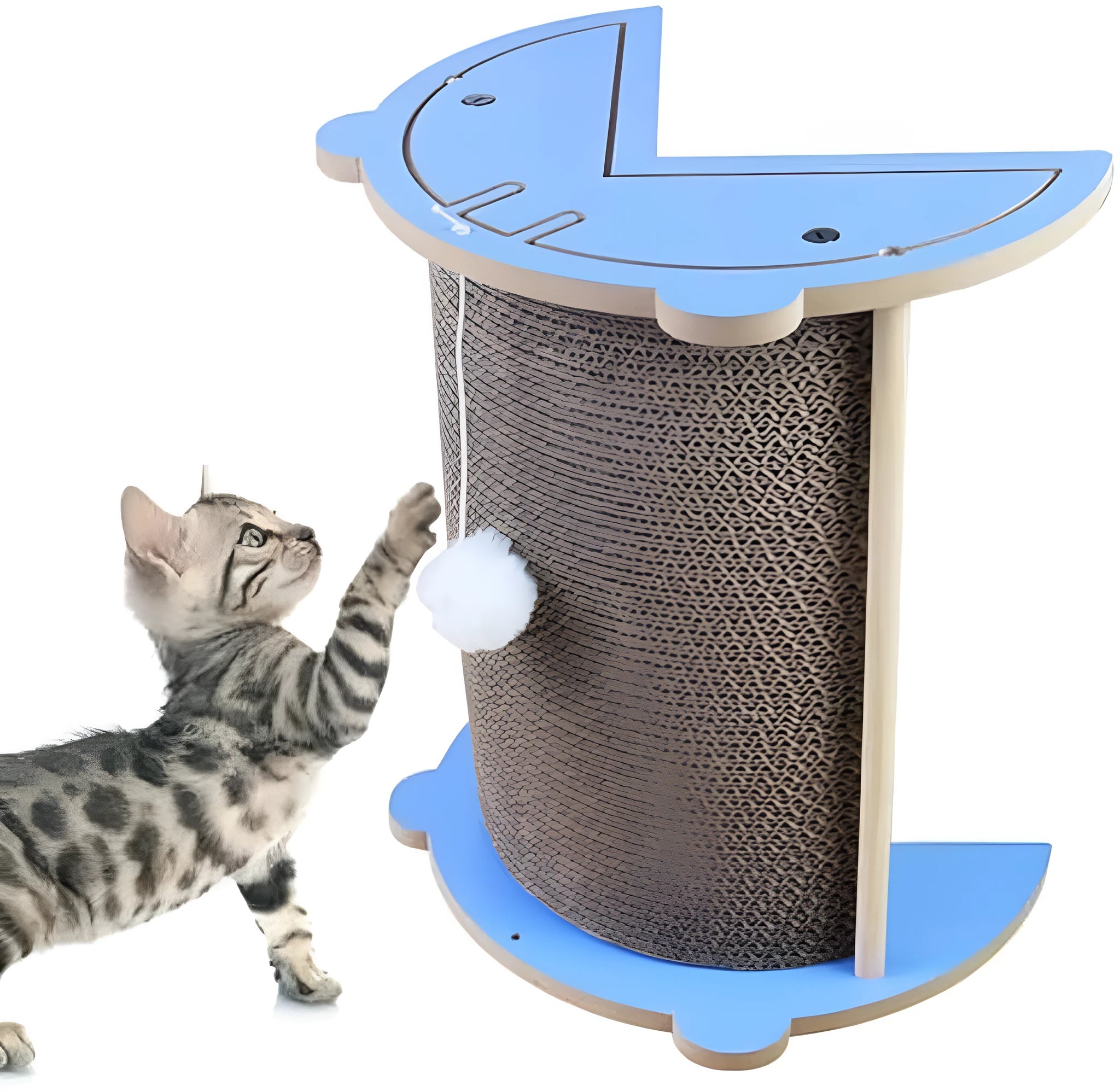 Grey cardboard cat corner scratcher with hanging ball against a wall