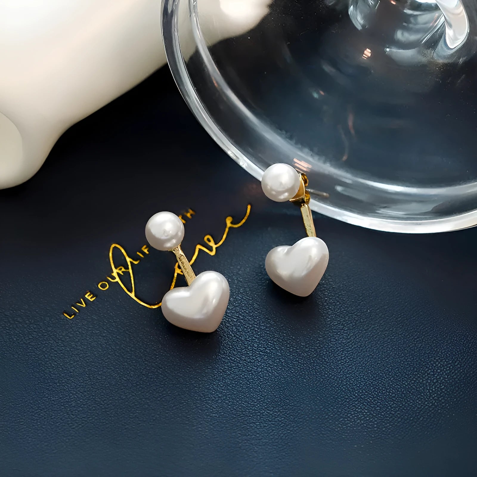 Korean style women's heart-shaped pearl stud earrings with alloy construction and electroplated silver tone finish