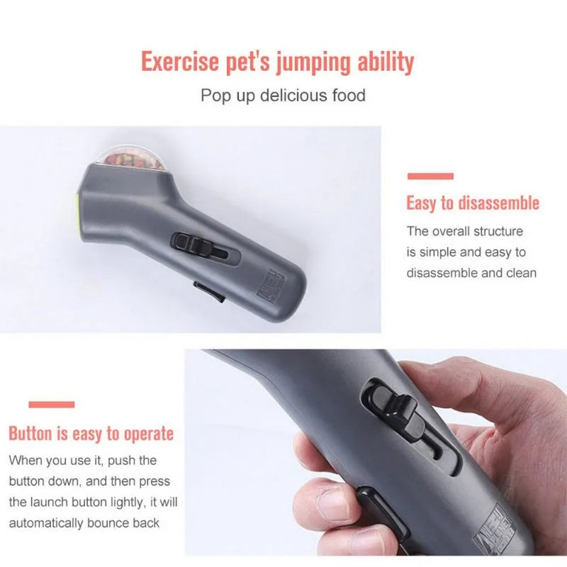 Grey pet snack catapult launcher toy on a table showing its size and spring trigger.