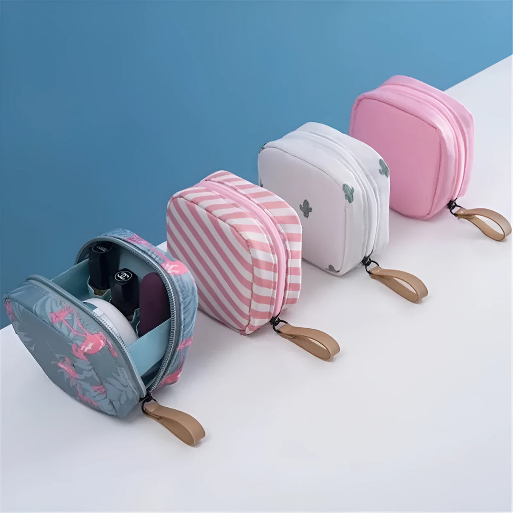 Blue cloth cube-shaped makeup storage bag with plain pattern