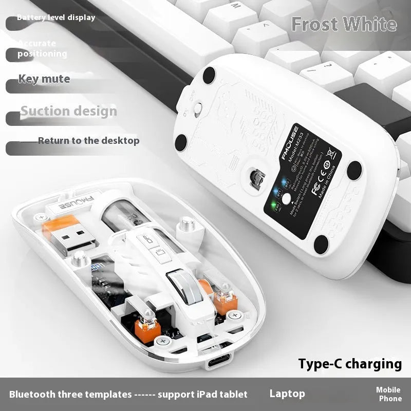Transparent wireless computer mouse showing internal components with USB connector