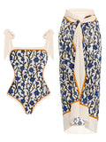 Women's printed chiffon two-piece swimsuit with matching skirt in floral pattern
