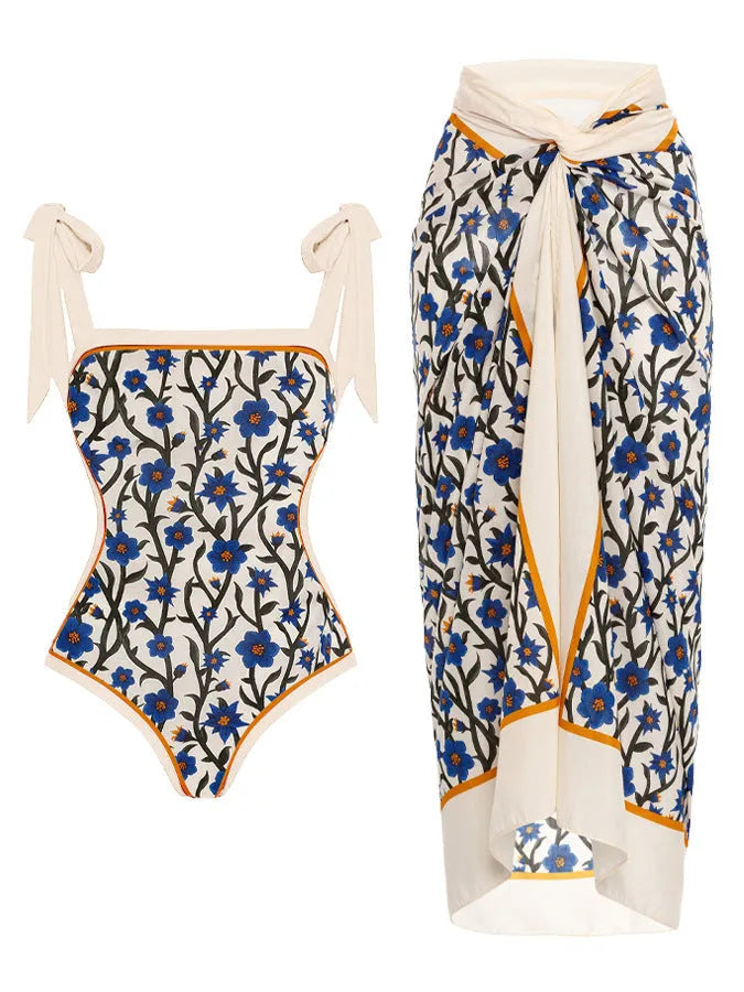 Women's printed chiffon two-piece swimsuit with matching skirt in floral pattern