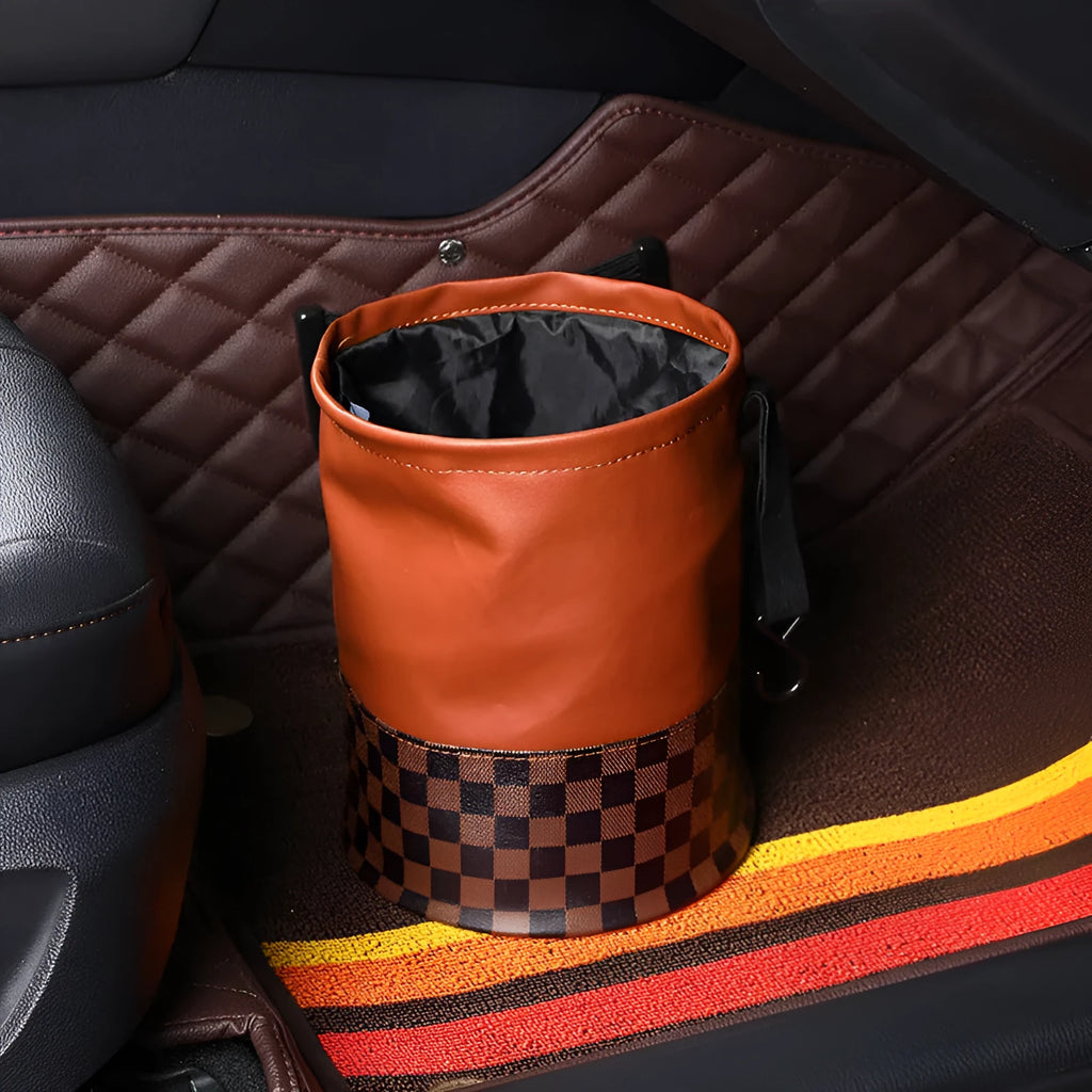 Retractable leather car trash can shown in folded and open states with handle.