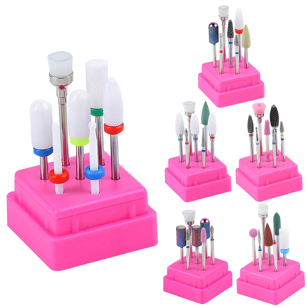 Tungsten steel nail drill bit set with six different bits and a brush in a clear case.