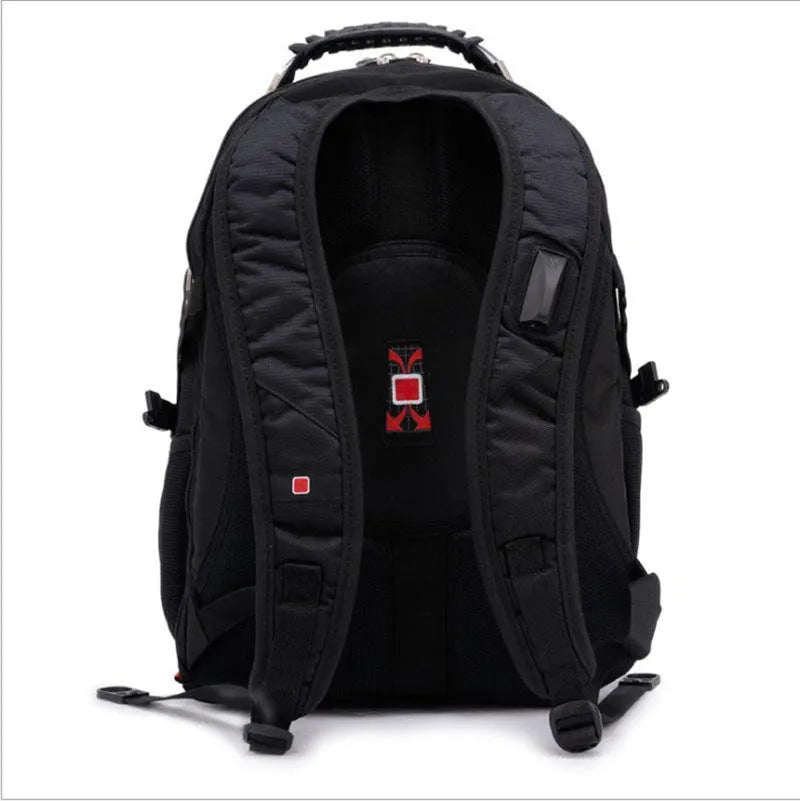 Black business computer backpack showing three compartments and side mesh pockets
