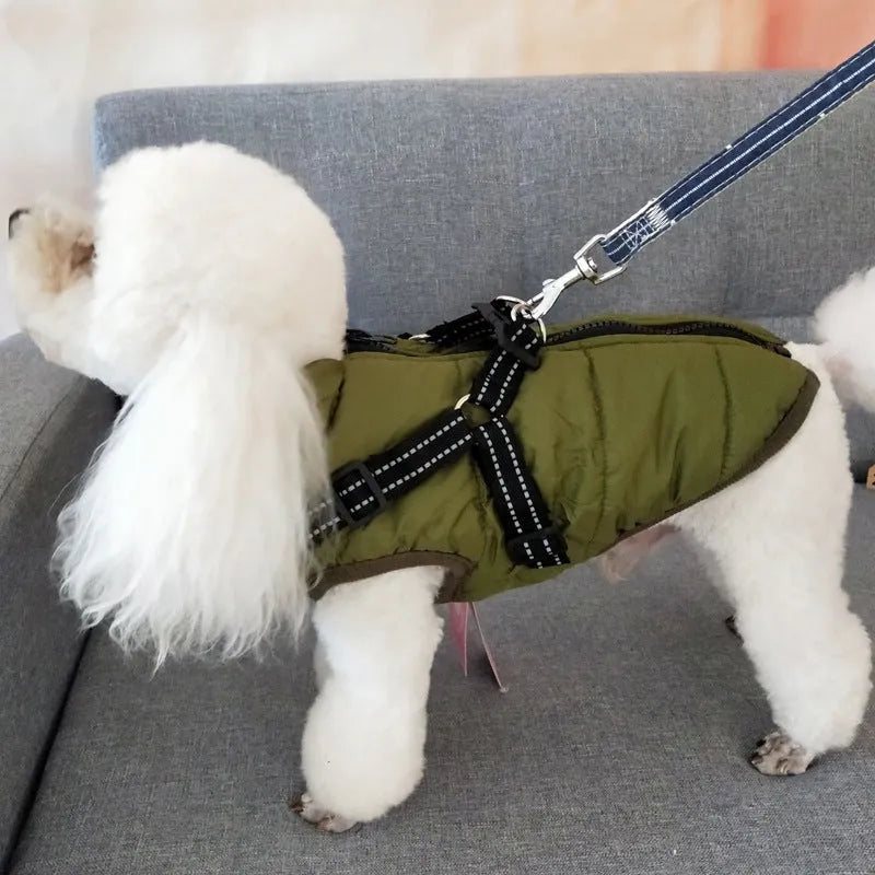 Waterproof dog coat in red with harness opening, sized for Labrador breed during winter walk.