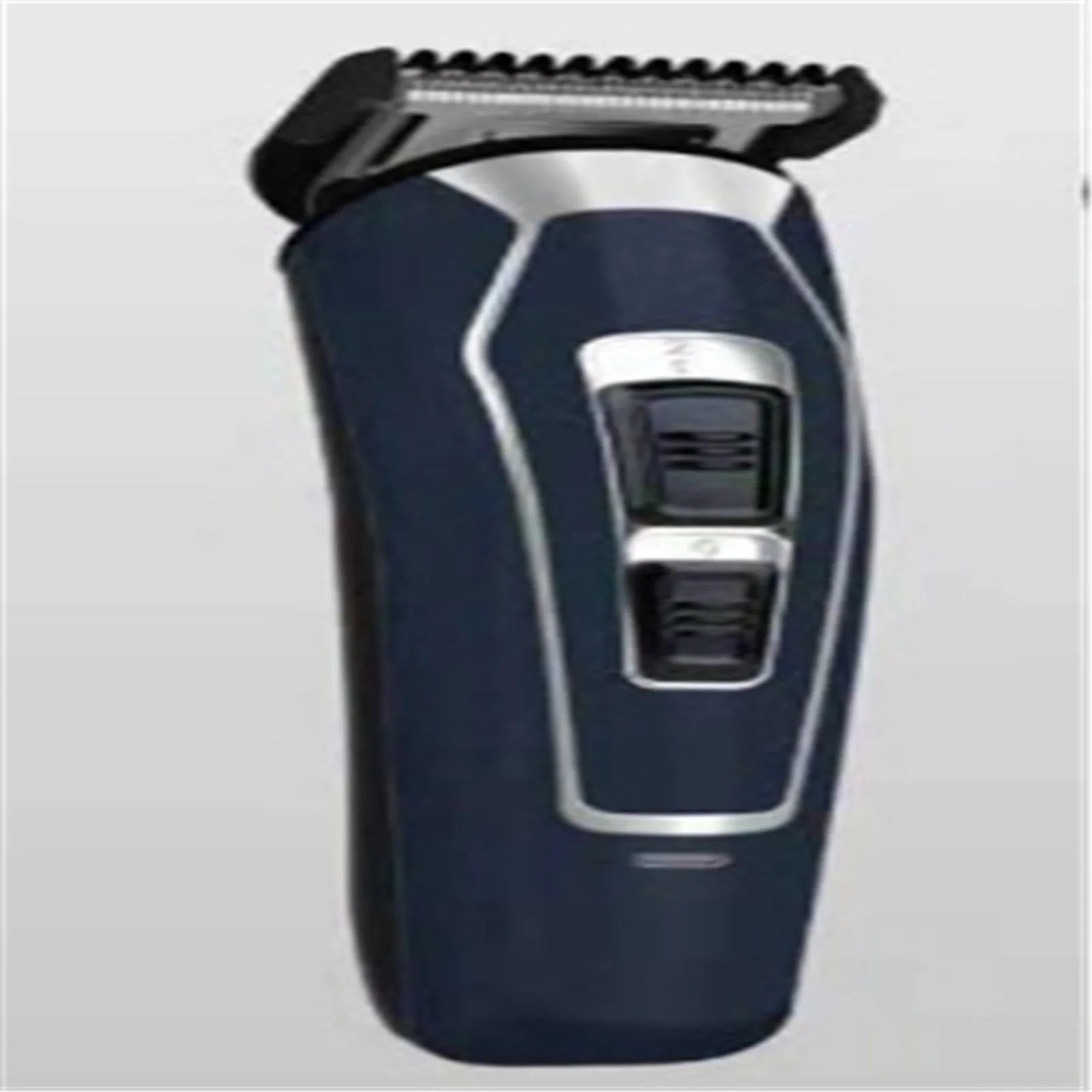 Dark blue rechargeable electric hair clipper with stainless steel blades on a white background