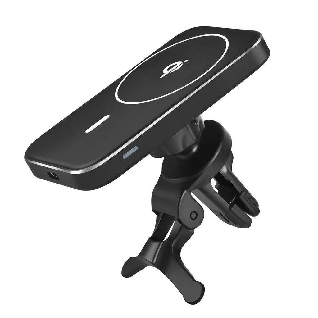 Black M6 magnetic car wireless charger mounted on vehicle dashboard with phone attached