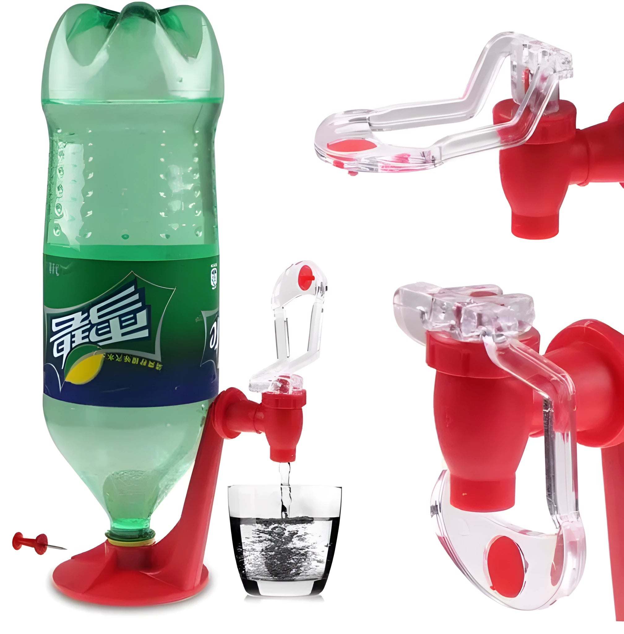 Red Magic Tap soda dispenser attached to inverted 2-litre bottle