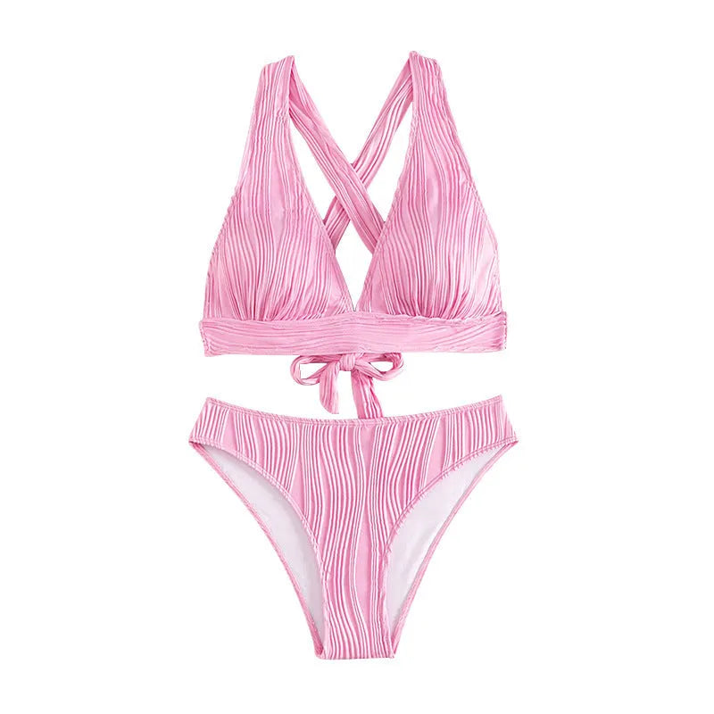 Women's black or pink halter strap nylon bikini swimsuit with top and shorts set
