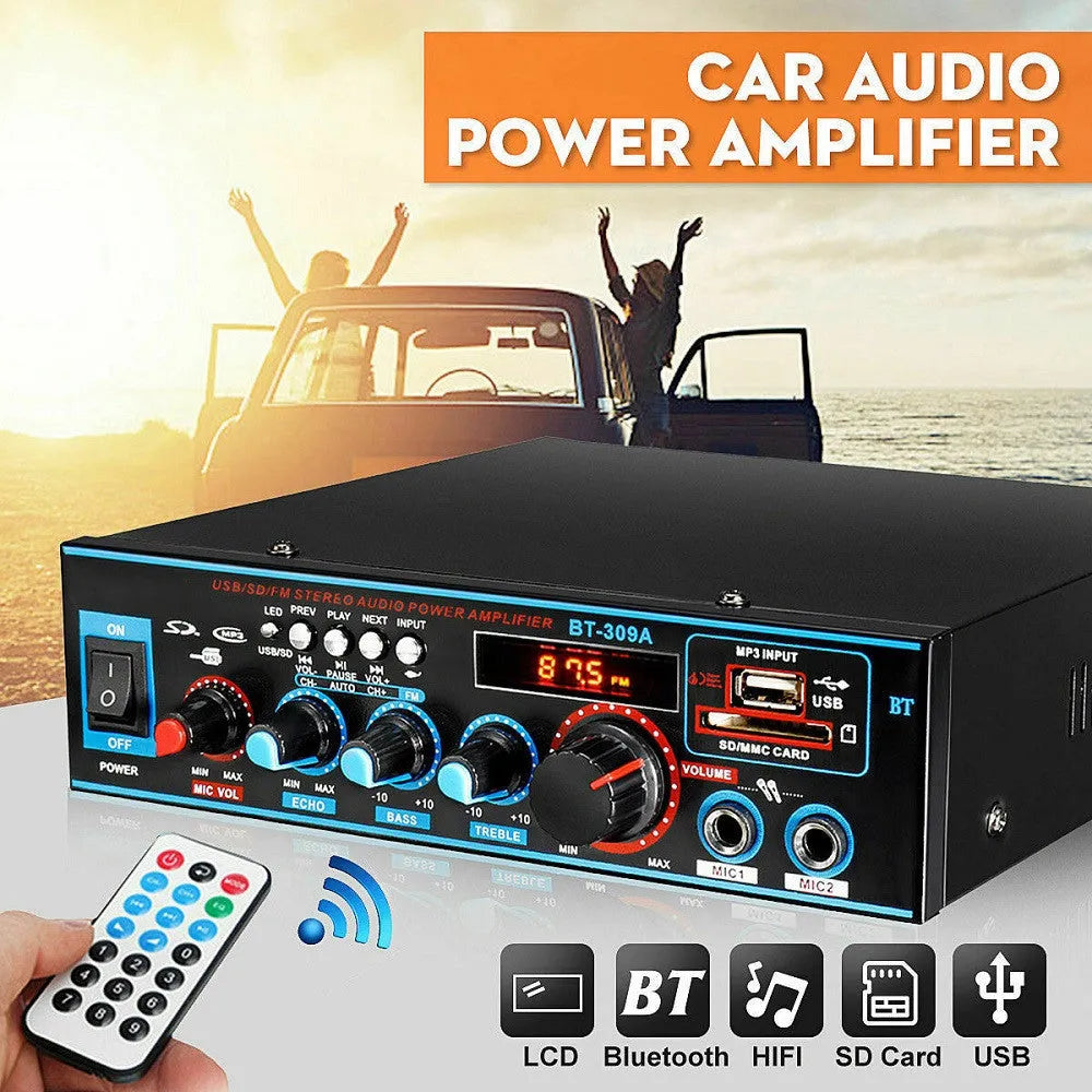 Black BT-309A-A dual-voltage amplifier with Bluetooth recording, iron chassis, front panel controls and wire clamp connections