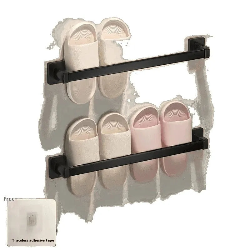 Nordic style wall-mounted bathroom slipper rack with integrated seat in black finish