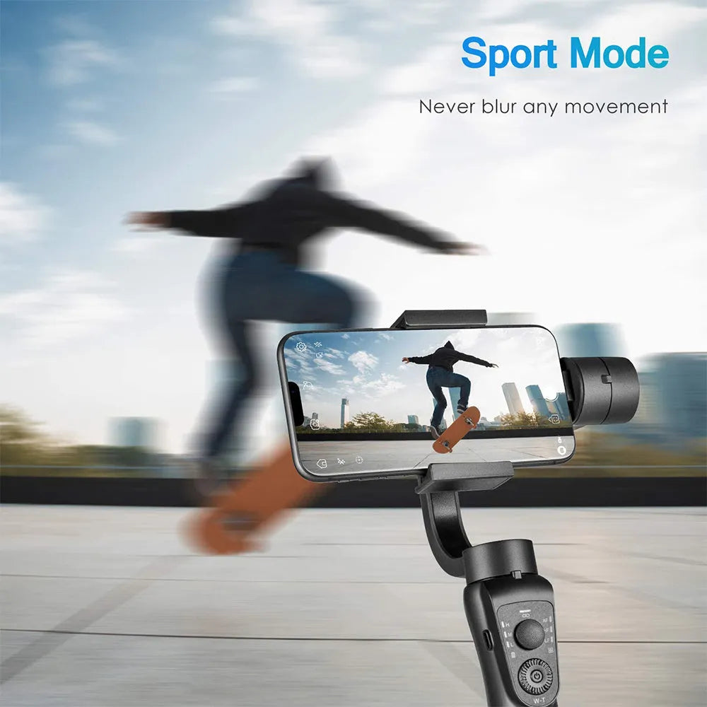 Black three-axis handheld gimbal stabilizer for mobile phones with extended battery and tripod