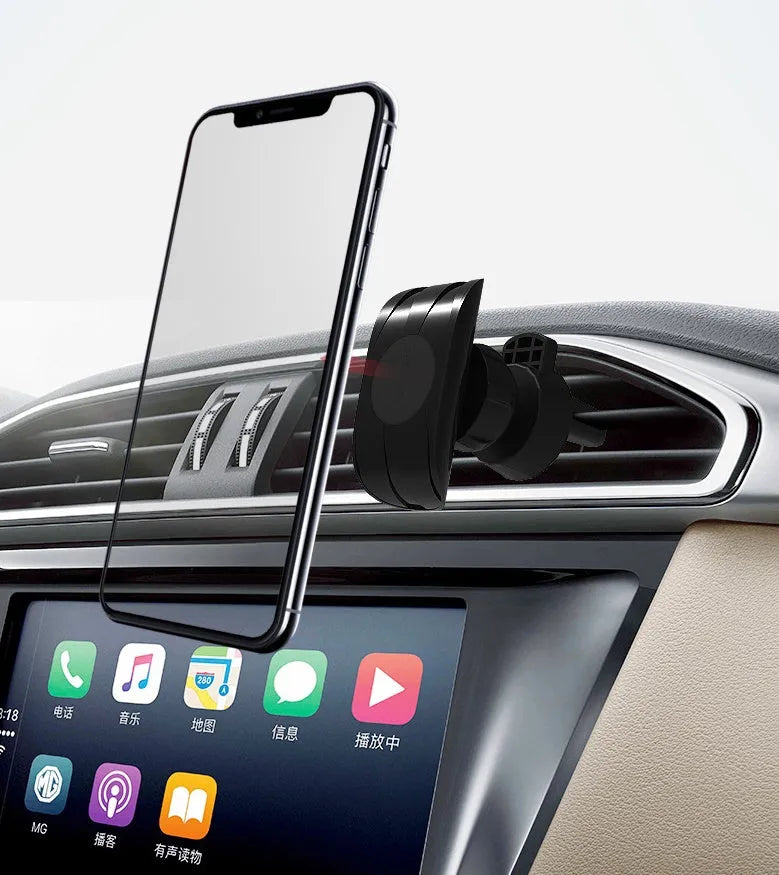 Matte black car phone holder clipped to air vent with adjustable side arms for smartphones