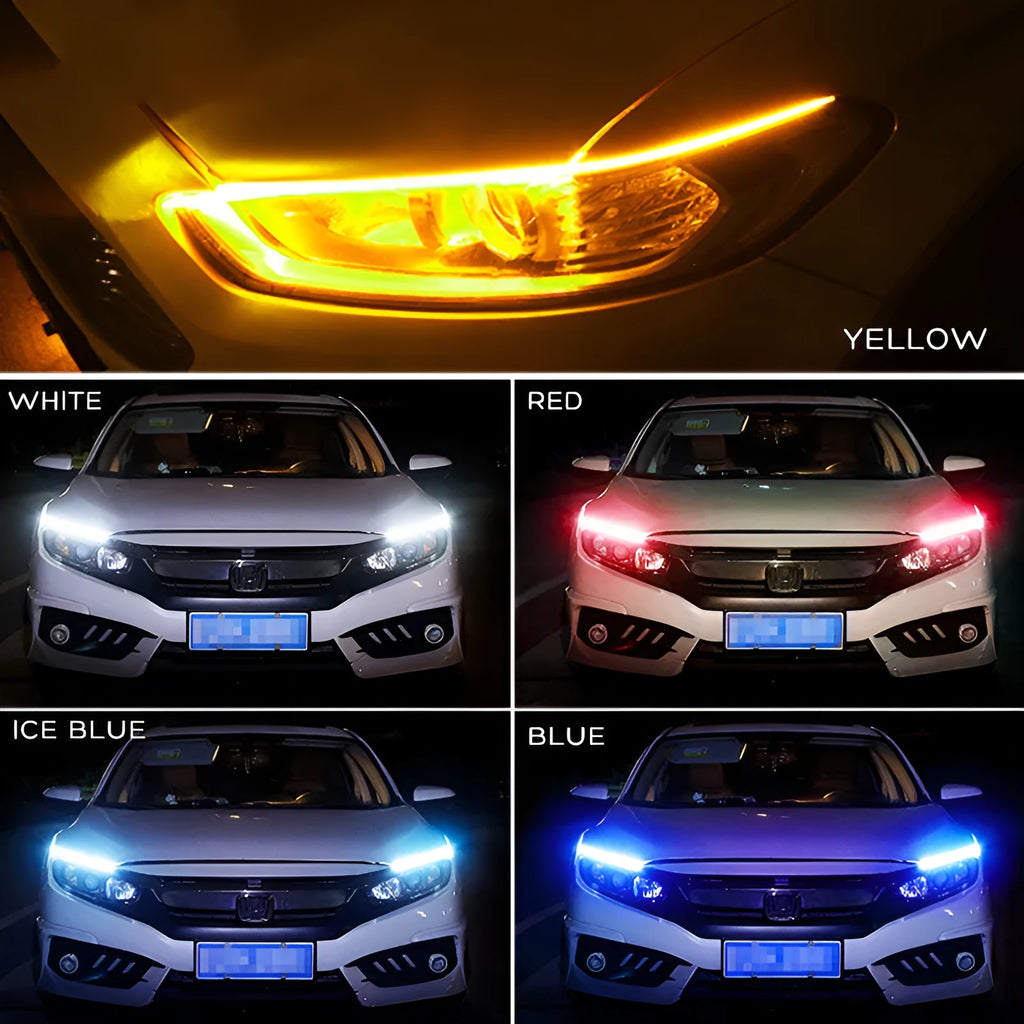 Flexible silicone car LED daytime running light strip with flowing turn signal in multiple length options