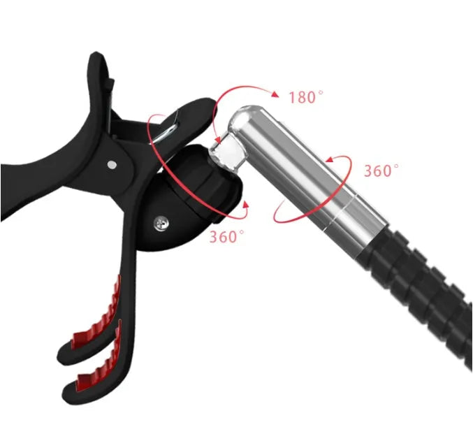 Black mobile phone bed bracket with adjustable universal holder mounted on bed frame