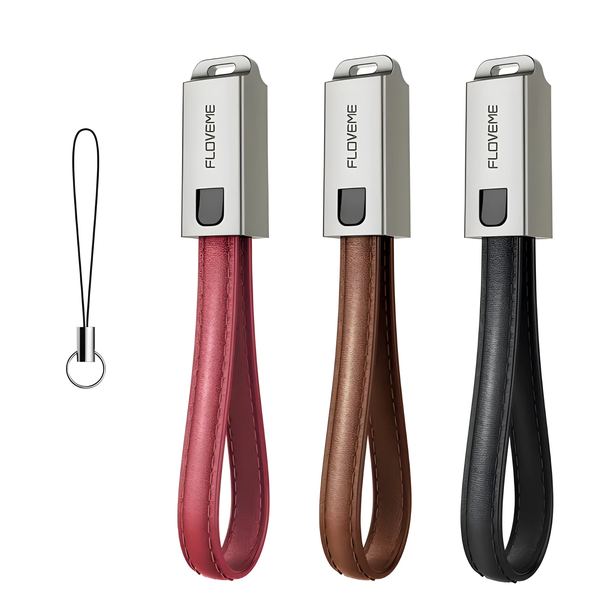 Red leather and zinc alloy braided USB C to Apple Lightning charging cable, 20cm long.