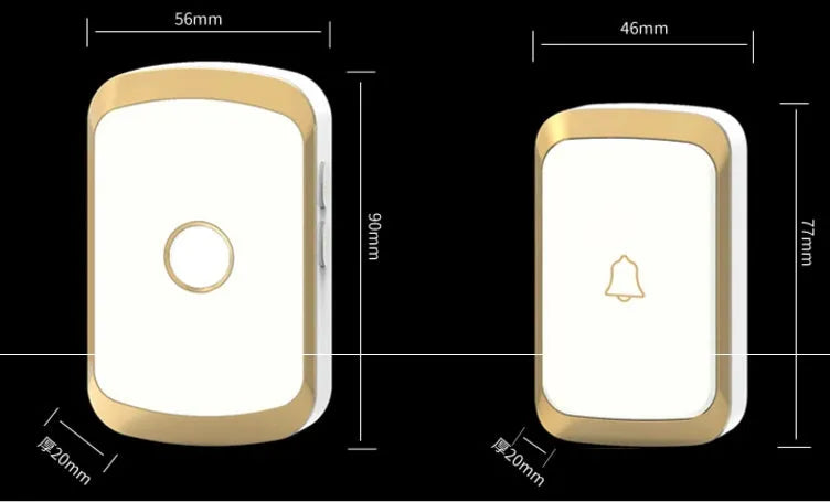 Wireless plug-in doorbell receiver and push button in black, white, silver, or gold finishes.