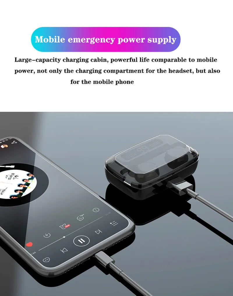 Black Bluetooth wireless headset with digital display, touch controls, and integrated mobile phone holder.