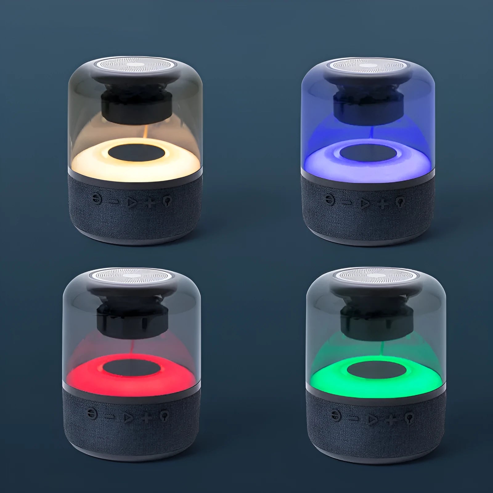 Black wireless Bluetooth speaker with LED lighting and touch controls showing four colours