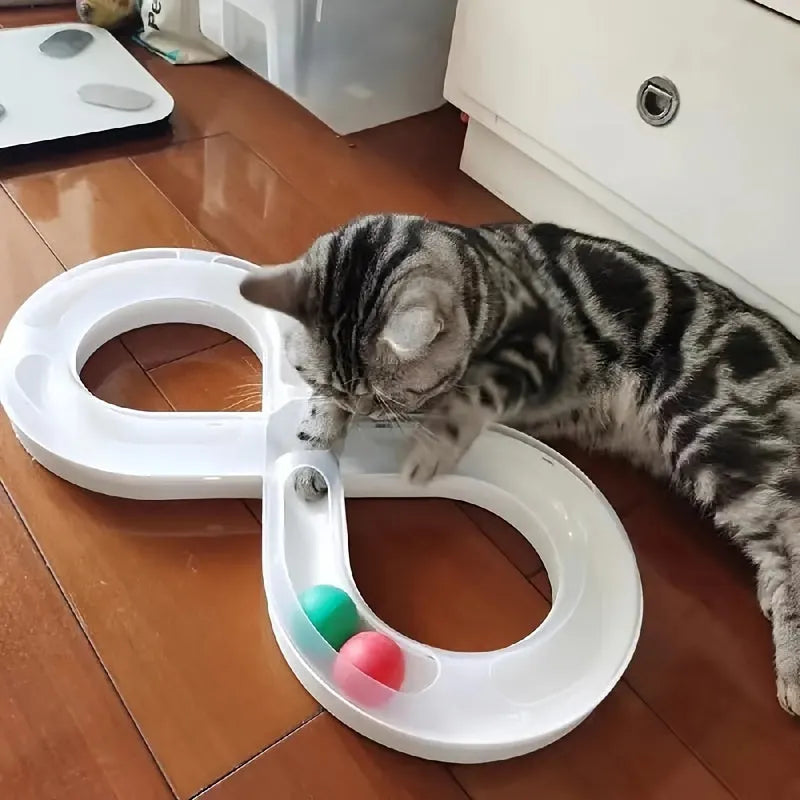 Blue and white cat turntable track ball toy with rotating ball stick for self-play.