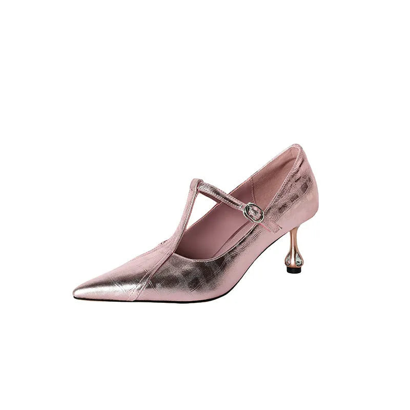 Women's genuine leather Mary Jane shoes with chunky heel in gun colour and pink options
