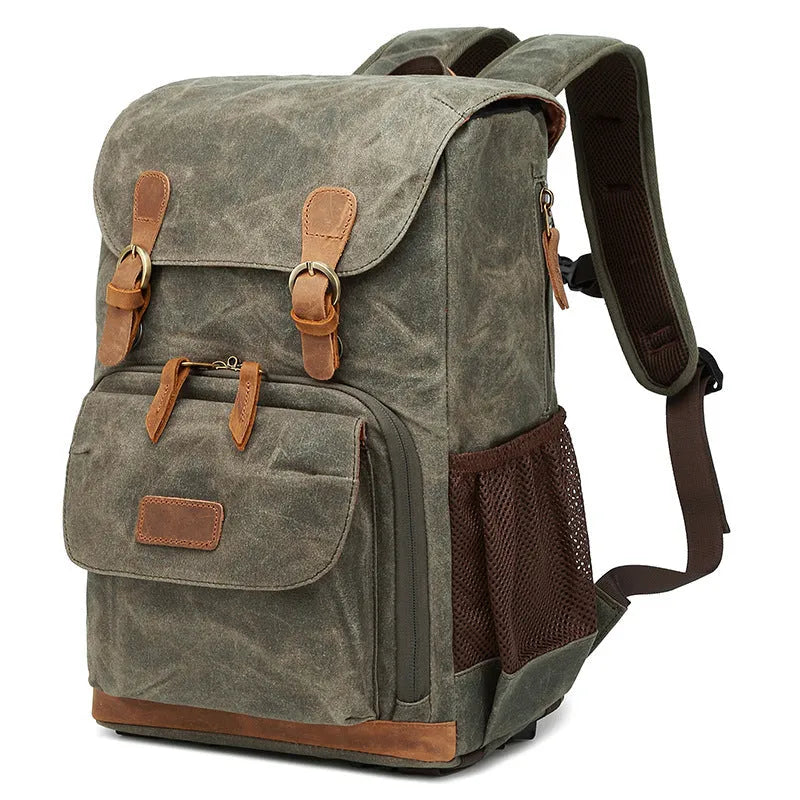 Canvas DSLR camera backpack in khaki colour with backpack straps and multi-functional design