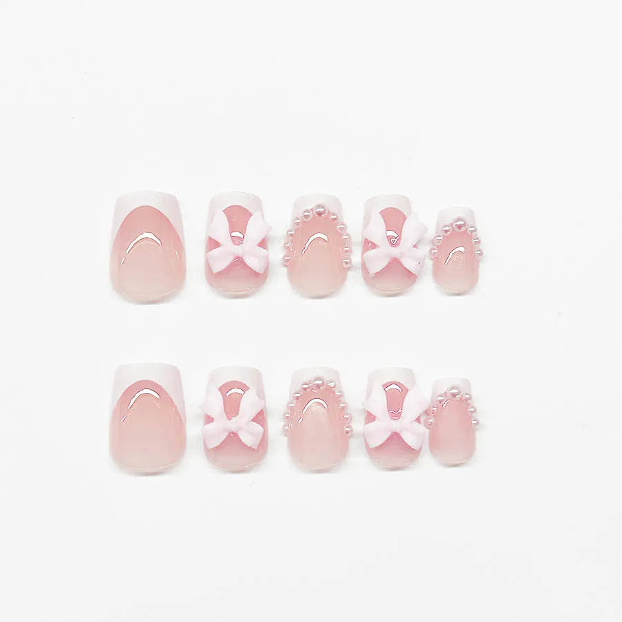 French manicure nail art set with bow, tulip, and leopard print designs for short nails