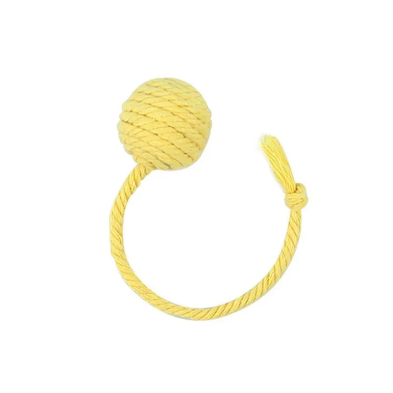 Colourful cat toy ball with rope attachment and built-in bell for interactive play