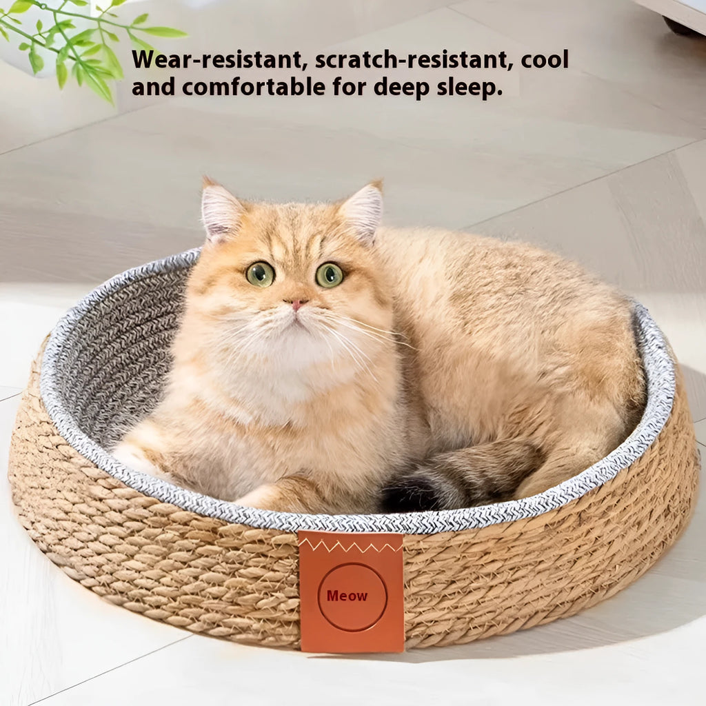 A woven rattan cat nest or bed, shown in one of four available sizes: S, M, L, or XL.