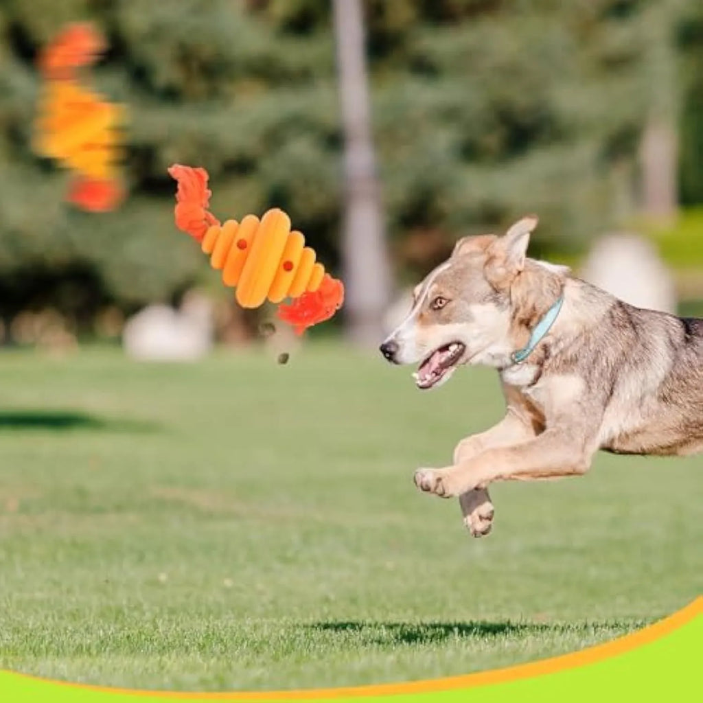 Green and yellow dog ball with knotted rope, a durable interactive toy and food dispenser for large dogs.