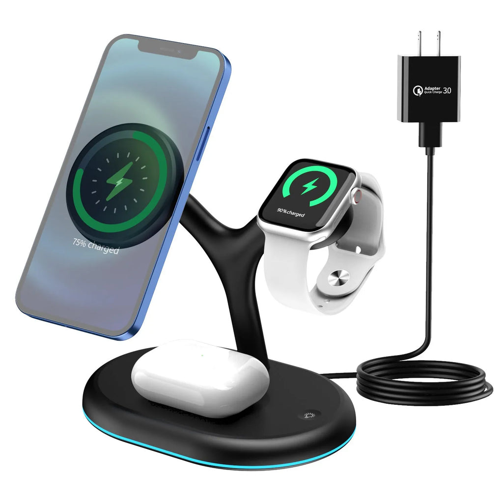 Black three-in-one magnetic wireless charger with simple design on a table.