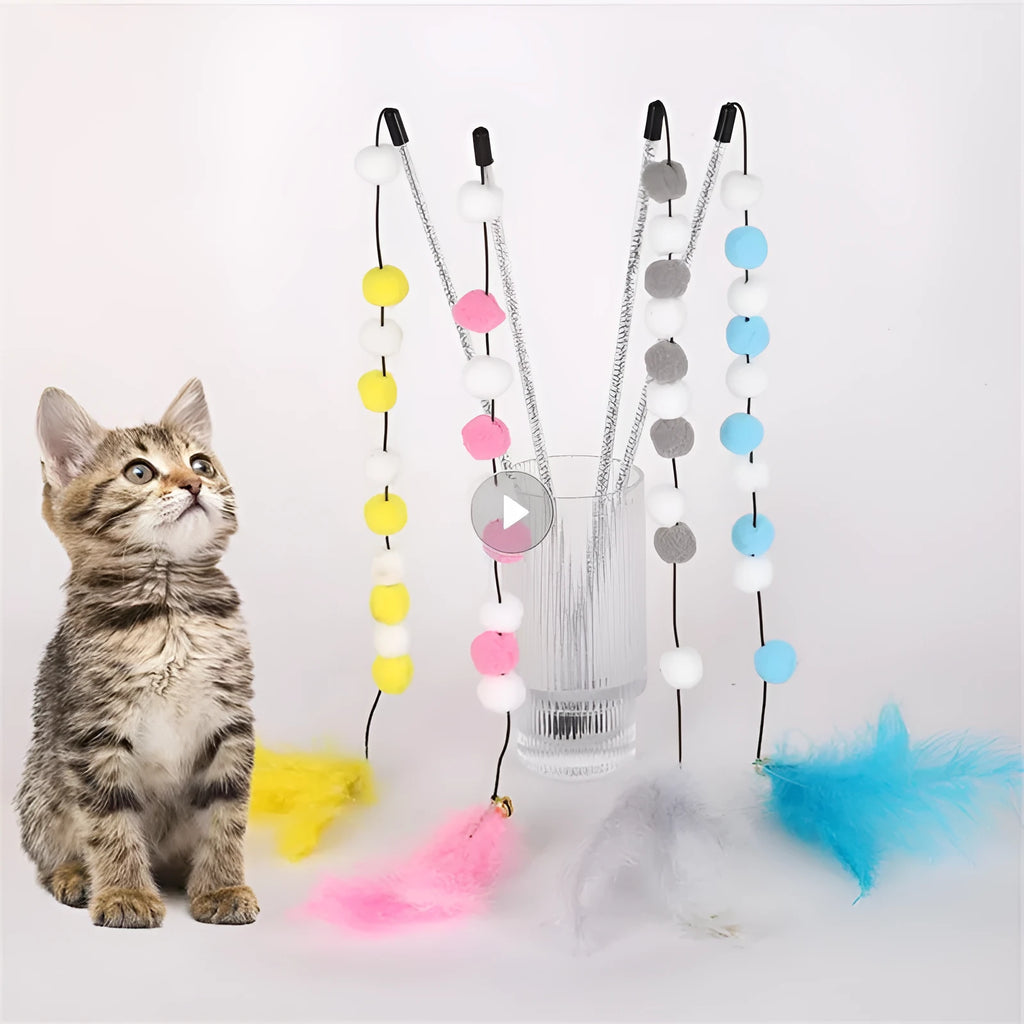 Colourful cat teaser toy stick with acrylic pompon, feathers, and a bell on a 31cm rod