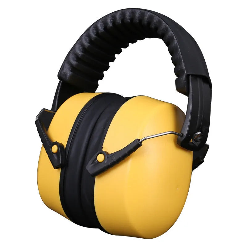 Orange noise-cancelling headphones and protective earmuffs with adjustable headband and fabric ear cushions.