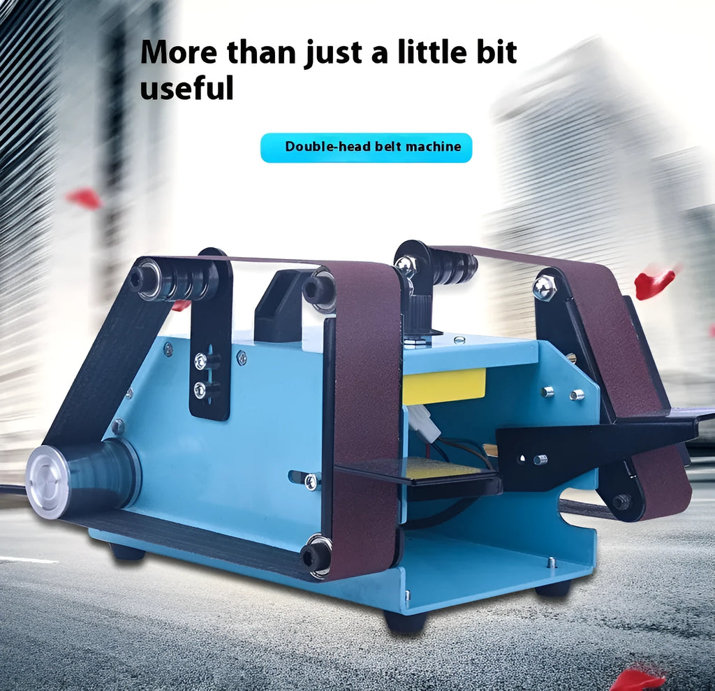 Blue desktop dual-axis belt sander with variable speed control for knife sharpening