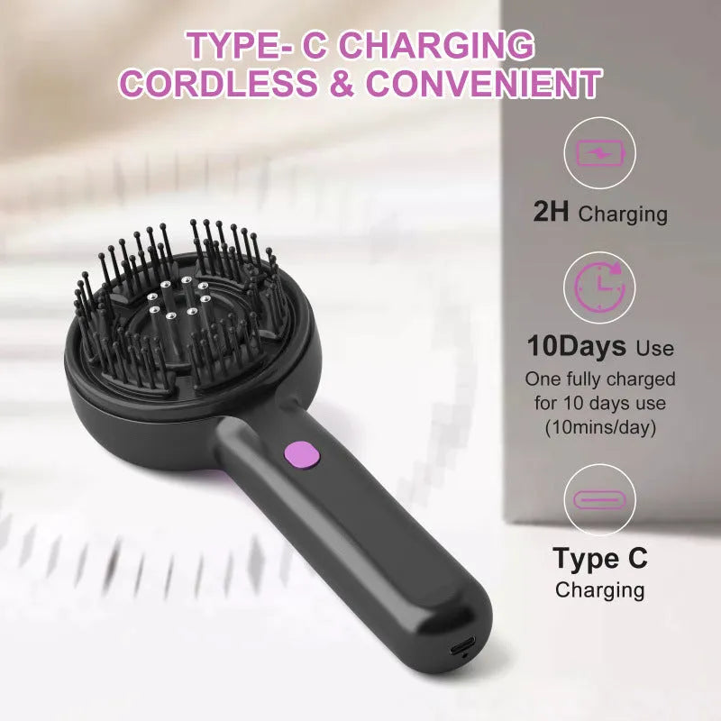 USB-powered anti-leak hair brush massager in black colour with vibration technology and mechanical controls