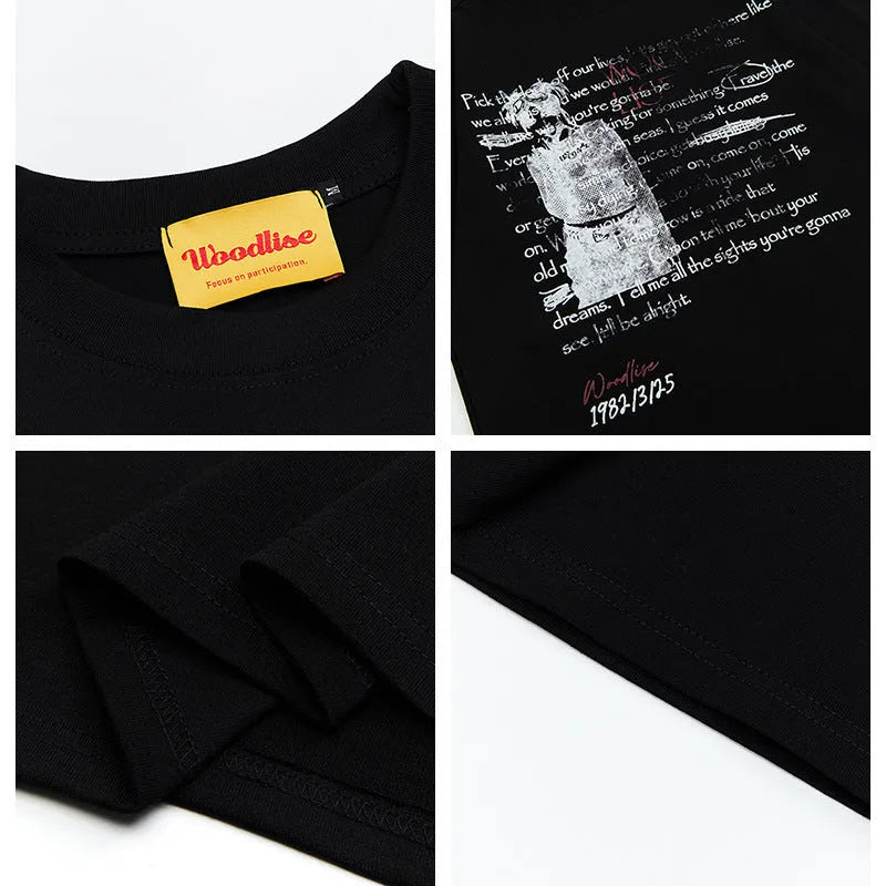 Men's black pure cotton t-shirt with white letter pattern printing and loose retro fit