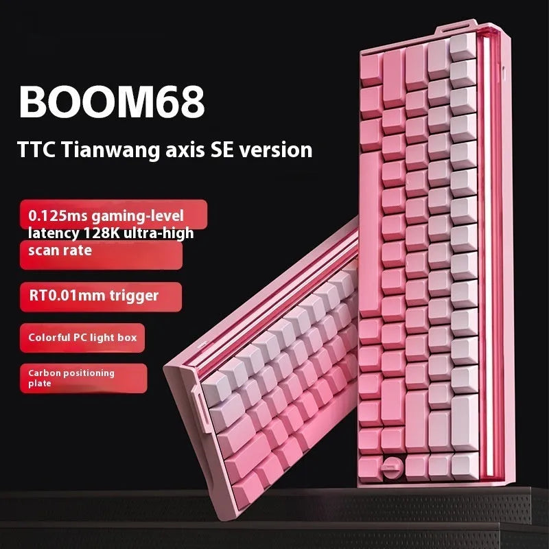 BOOM68 compact mechanical gaming keyboard with RGB backlighting on a desk