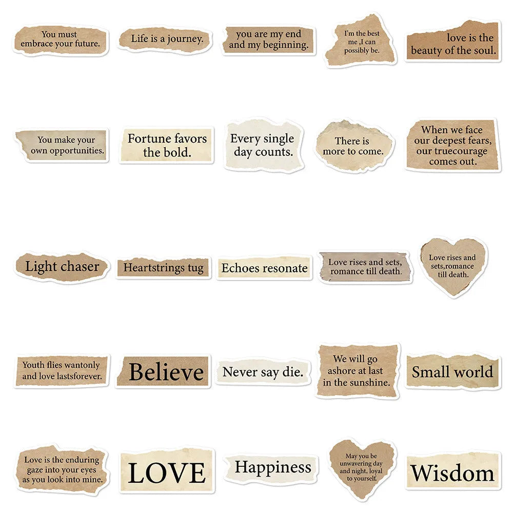 Set of 25 tear English text decorative PVC stickers for laptops and phones.