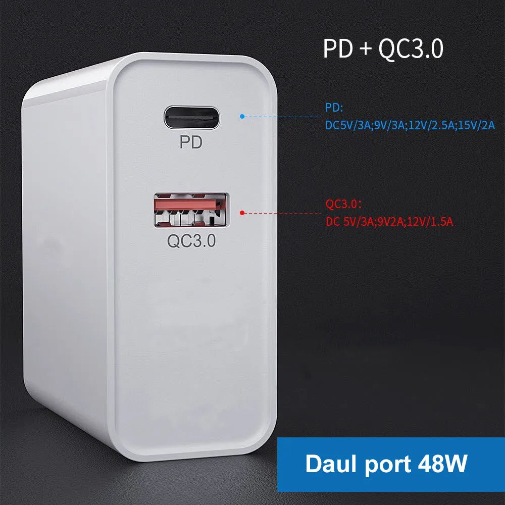 White 4-port fast wall charger with PD, QC, and USB ports on a table
