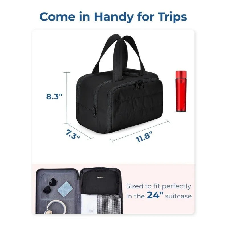 Large fluffy travel toiletry bag open wide showing soft interior, available in beige, black, light blue, pink, purple, and creamy-white.