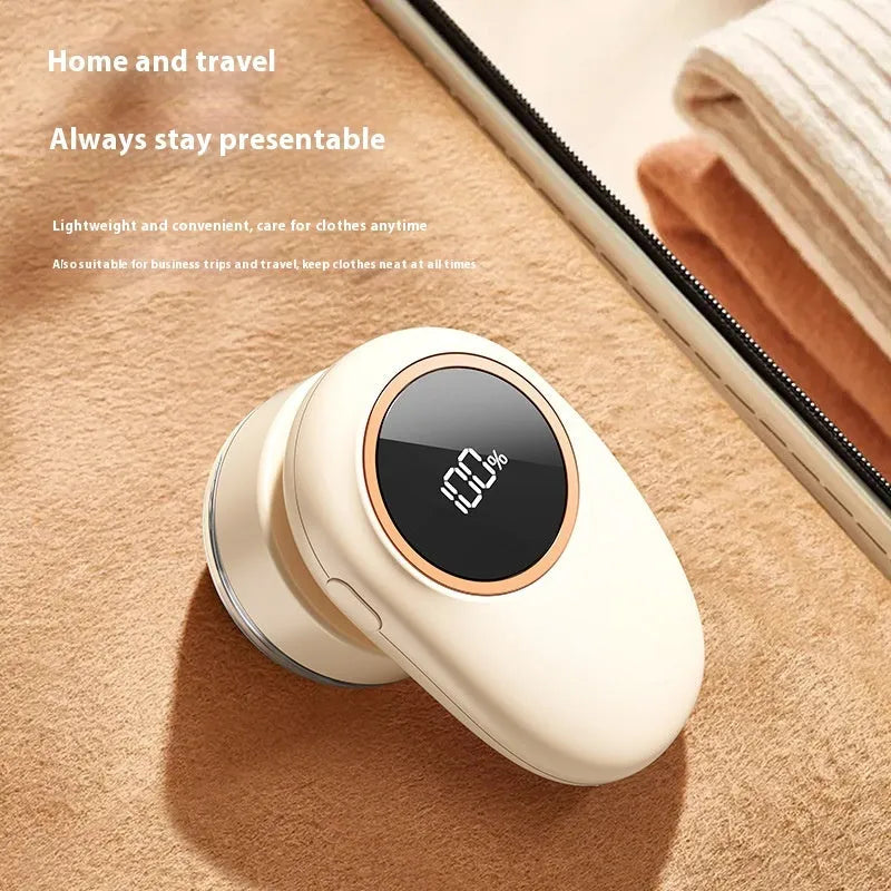 Beige and purple digital display fur ball trimmer with multiple cutter heads and USB-C cable