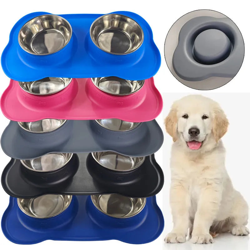Large silicone double dog bowl with stainless steel food and water inserts in blue colour
