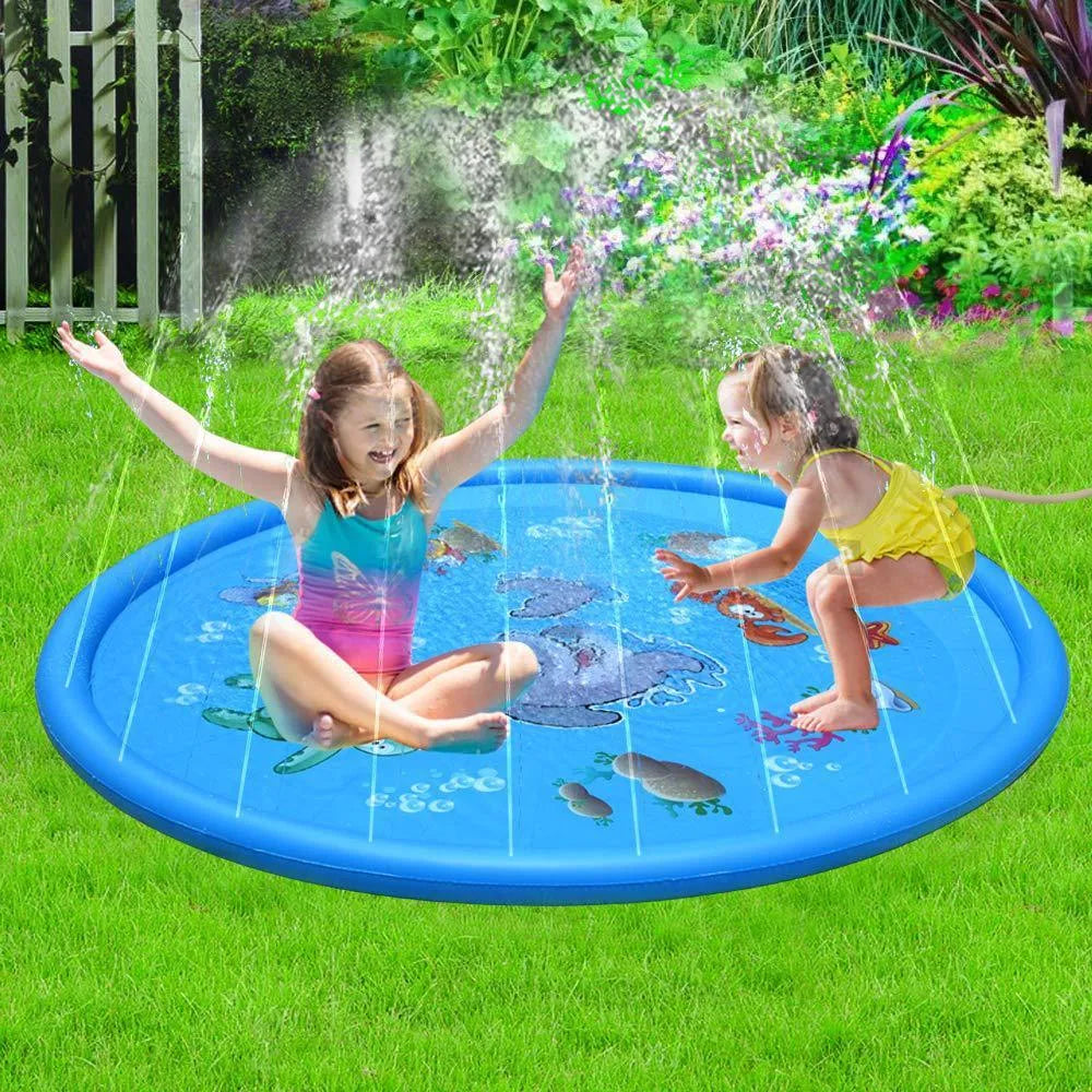 Blue PVC children's water play mat with marine animal designs measuring 100cm or 170cm for garden use