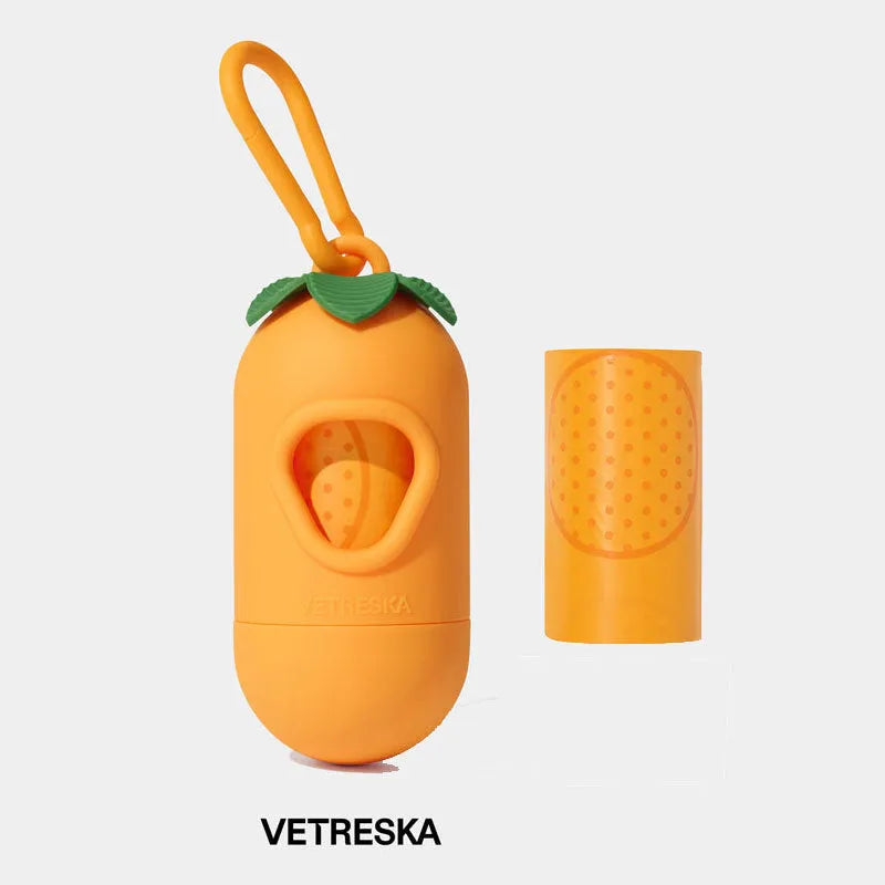 Portable dog poop bag dispenser capsule with scented inner bags in strawberry, orange and cherry blossom options